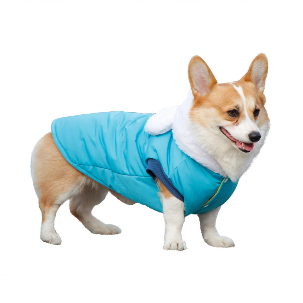 KFX-9379005 Cozy Winter Hooded Pet Clothes for Dogs - Fashionable and Warm Cotton Outfit in Blue and Yellow