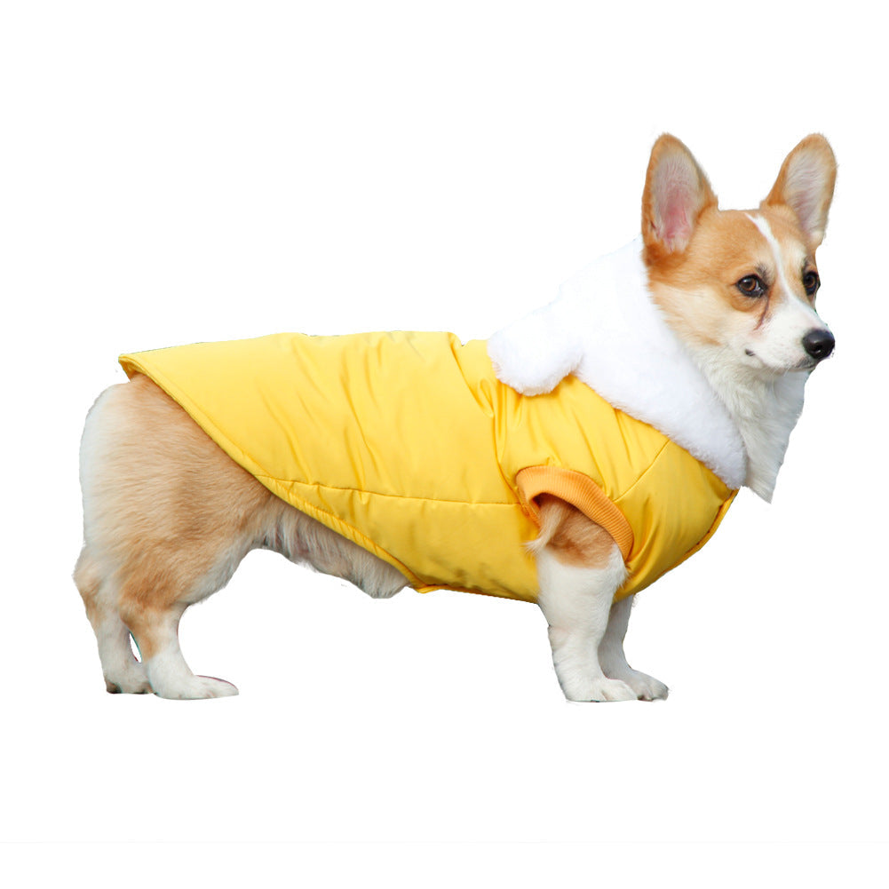 KFX-9379005 Cozy Winter Hooded Pet Clothes for Dogs - Fashionable and Warm Cotton Outfit in Blue and Yellow