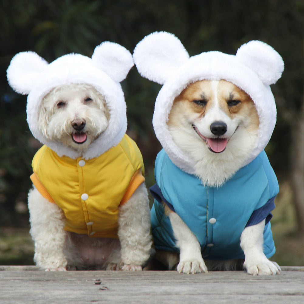 KFX-9379005 Cozy Winter Hooded Pet Clothes for Dogs - Fashionable and Warm Cotton Outfit in Blue and Yellow