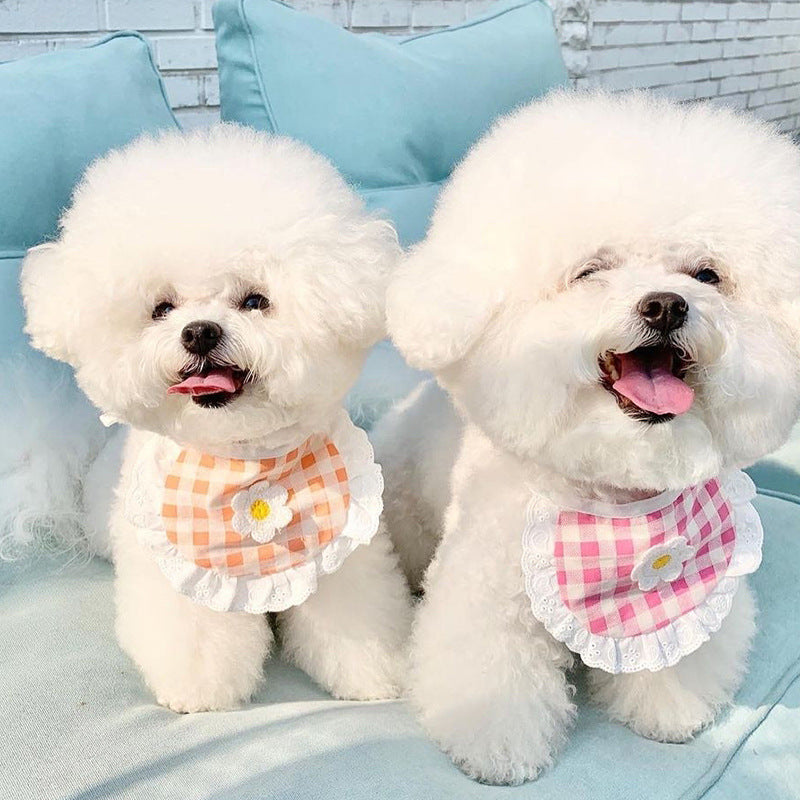KFX-9380029 Flower Plaid Scarf Bib for Pets - Cotton Saliva Towel, 13.5cm Width, 9cm Height, 75cm Belt Length