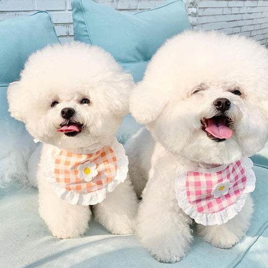 KFX-9380029 Flower Plaid Scarf Bib for Pets - Cotton Saliva Towel, 13.5cm Width, 9cm Height, 75cm Belt Length