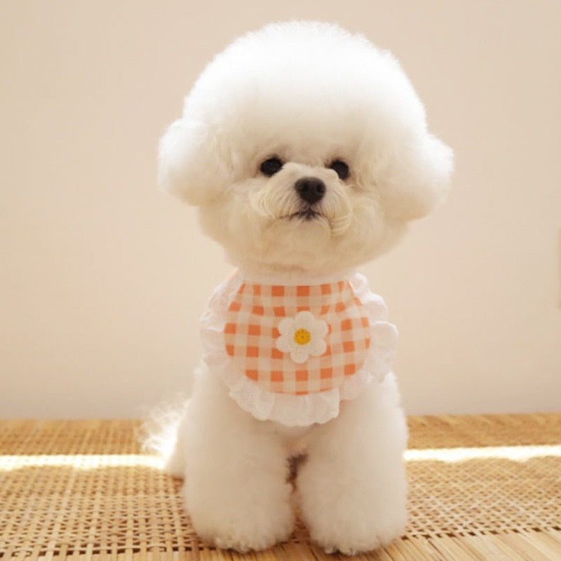 KFX-9380029 Flower Plaid Scarf Bib for Pets - Cotton Saliva Towel, 13.5cm Width, 9cm Height, 75cm Belt Length