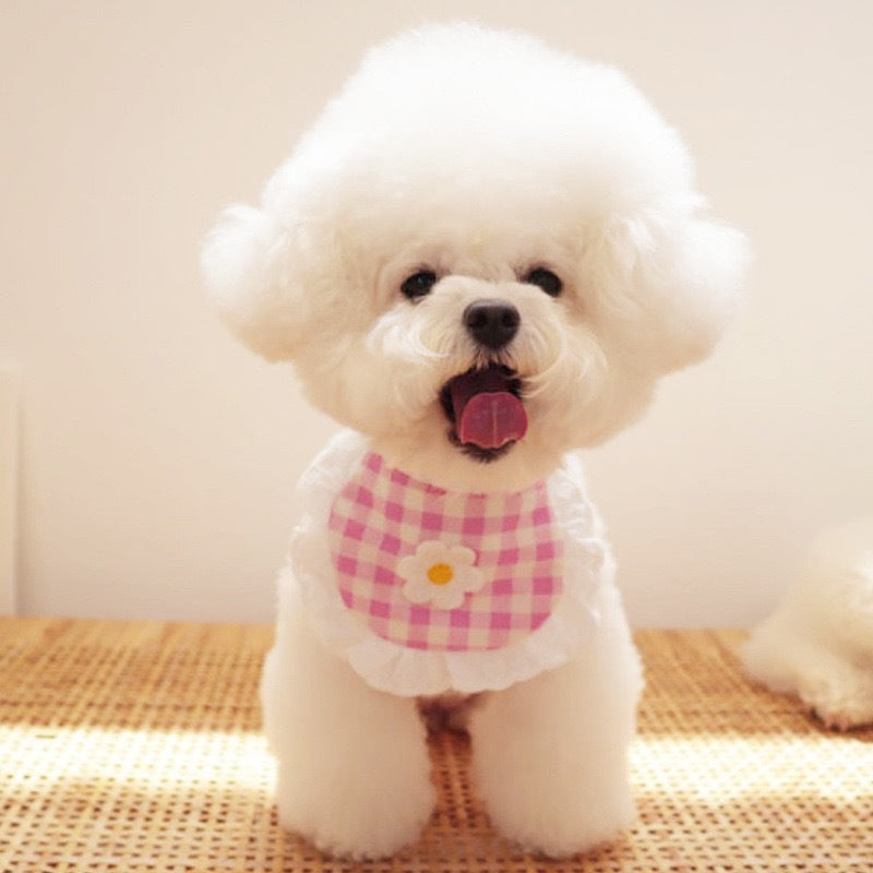 KFX-9380029 Flower Plaid Scarf Bib for Pets - Cotton Saliva Towel, 13.5cm Width, 9cm Height, 75cm Belt Length