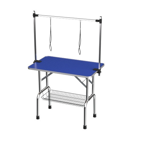 KFX-9380285 Large Pet Grooming Table with Adjustable Arms and Non-Slip Rubber Surface - 42 Inches, Heavy-Duty Stainless Steel Construction
