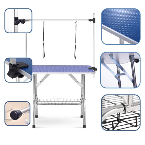KFX-9380285 Large Pet Grooming Table with Adjustable Arms and Non-Slip Rubber Surface - 42 Inches, Heavy-Duty Stainless Steel Construction