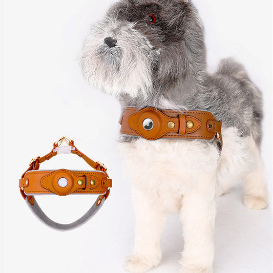 KFX-9382205 Leather Chest Back Airtag Harness with Traction Rope for Dogs - Multiple Sizes and Colors Available