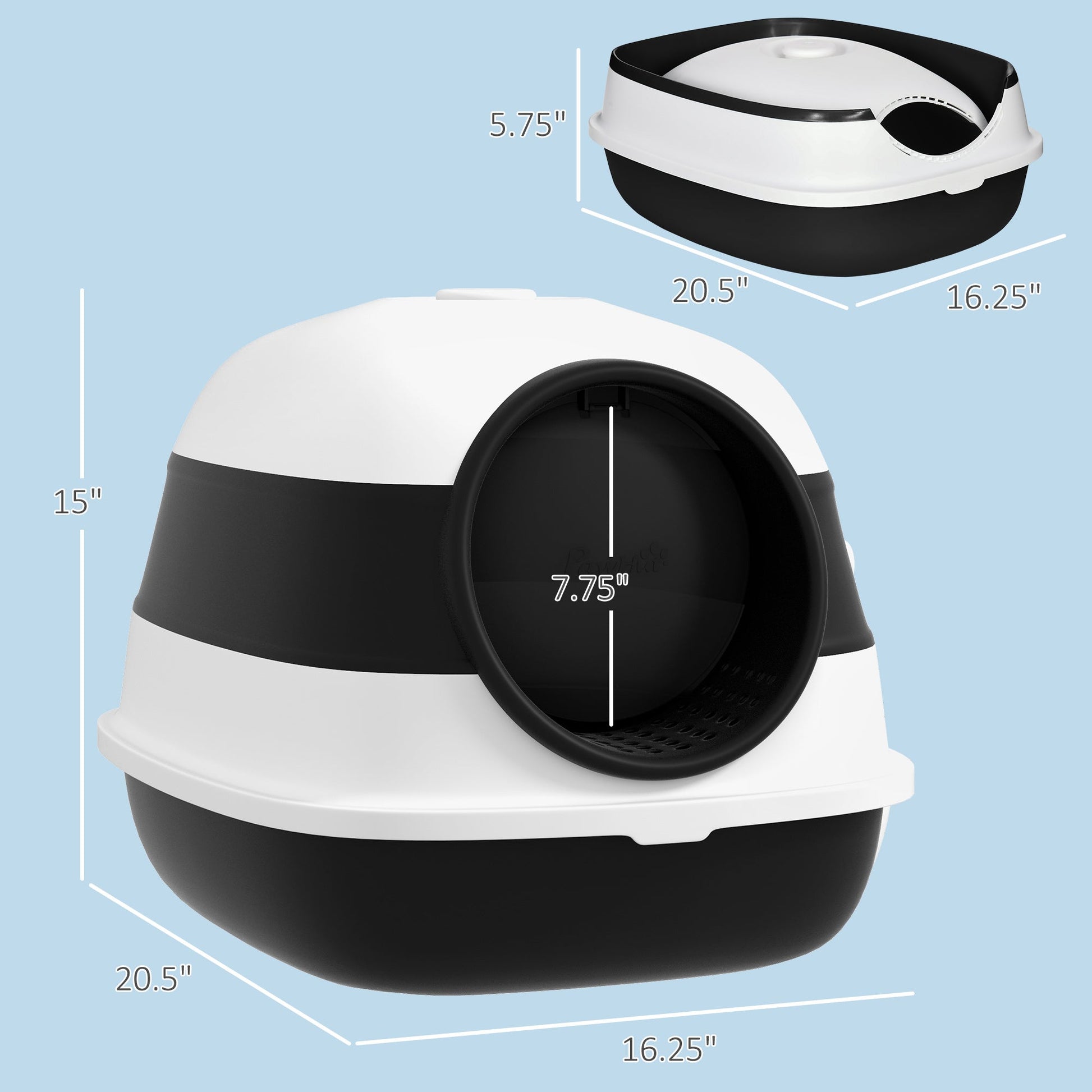 KFX-9383869 Dome-Covered Cat Litter Box with Grate and Air Freshener, Black and White Design