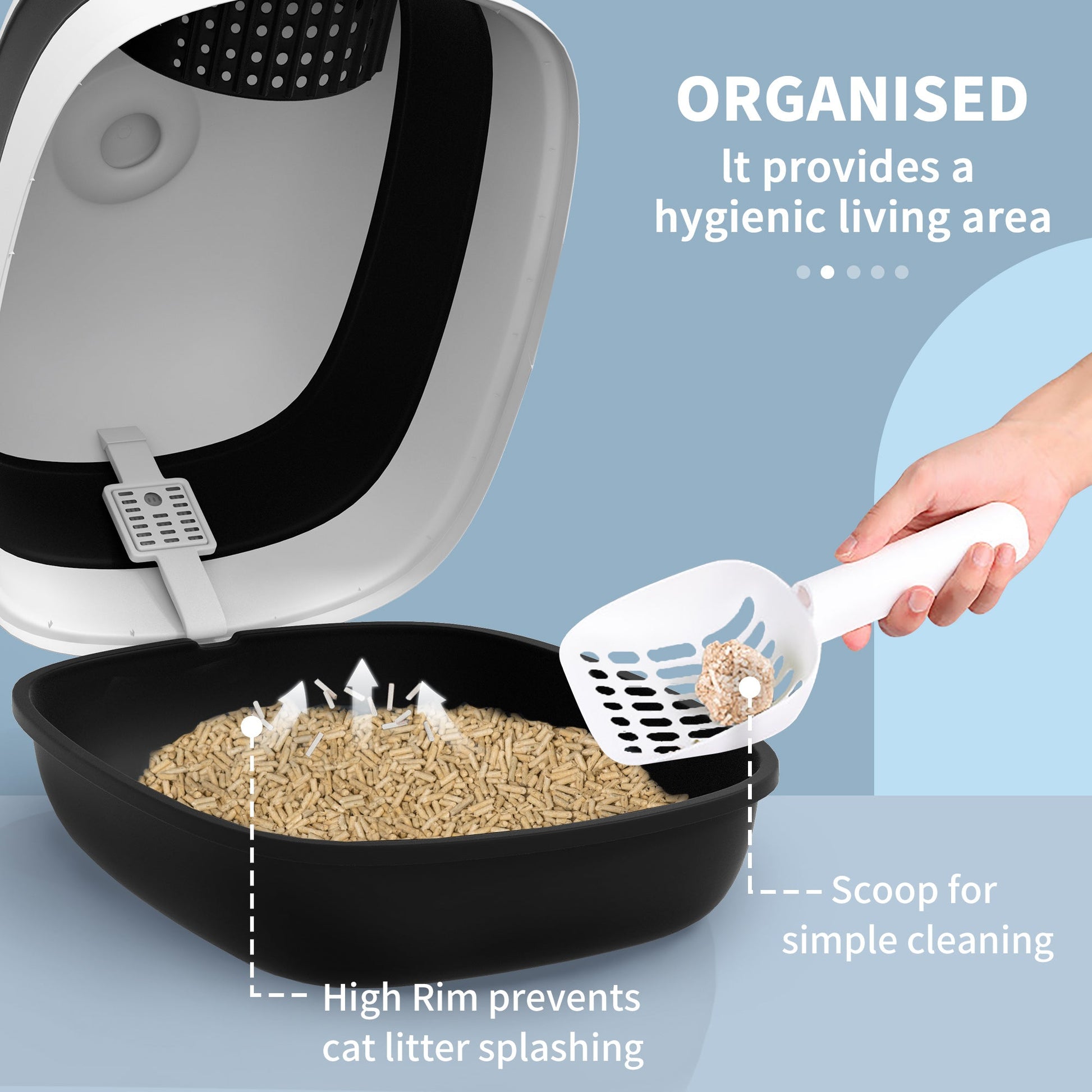 KFX-9383869 Dome-Covered Cat Litter Box with Grate and Air Freshener, Black and White Design