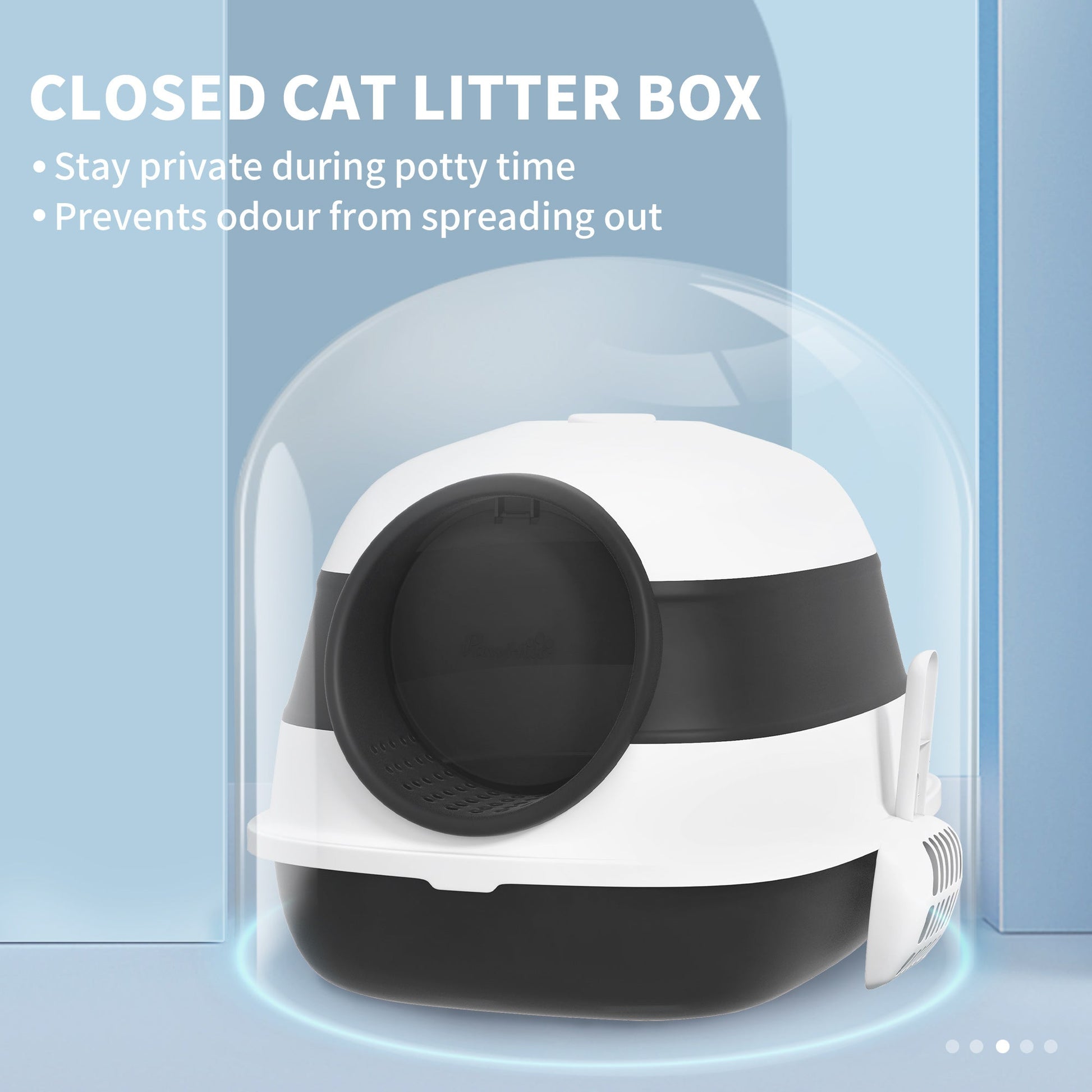 KFX-9383869 Dome-Covered Cat Litter Box with Grate and Air Freshener, Black and White Design