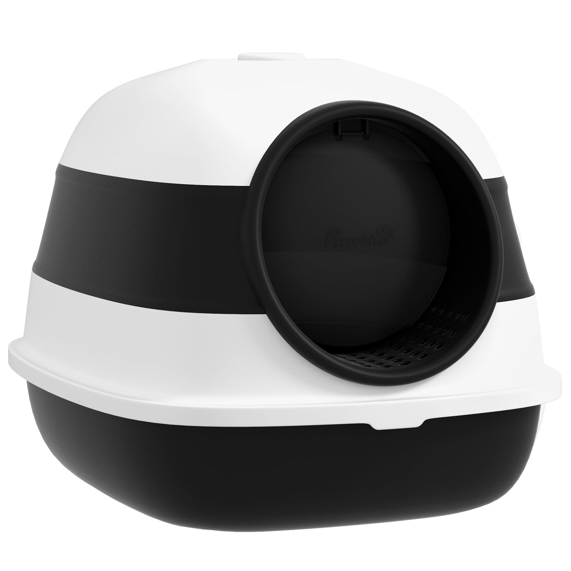 KFX-9383869 Dome-Covered Cat Litter Box with Grate and Air Freshener, Black and White Design