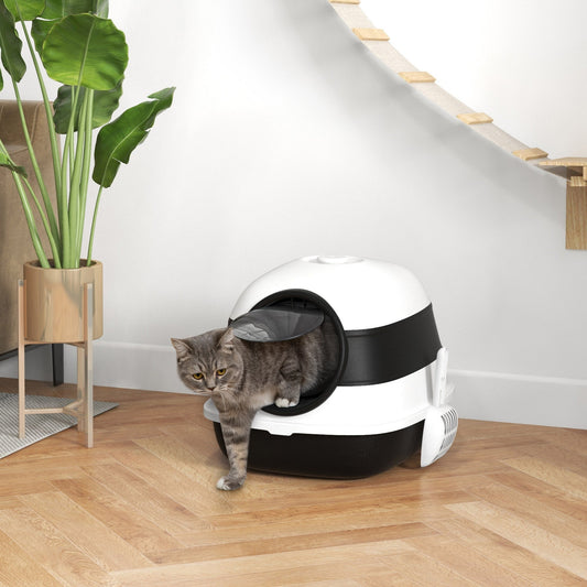 KFX-9383869 Dome-Covered Cat Litter Box with Grate and Air Freshener, Black and White Design