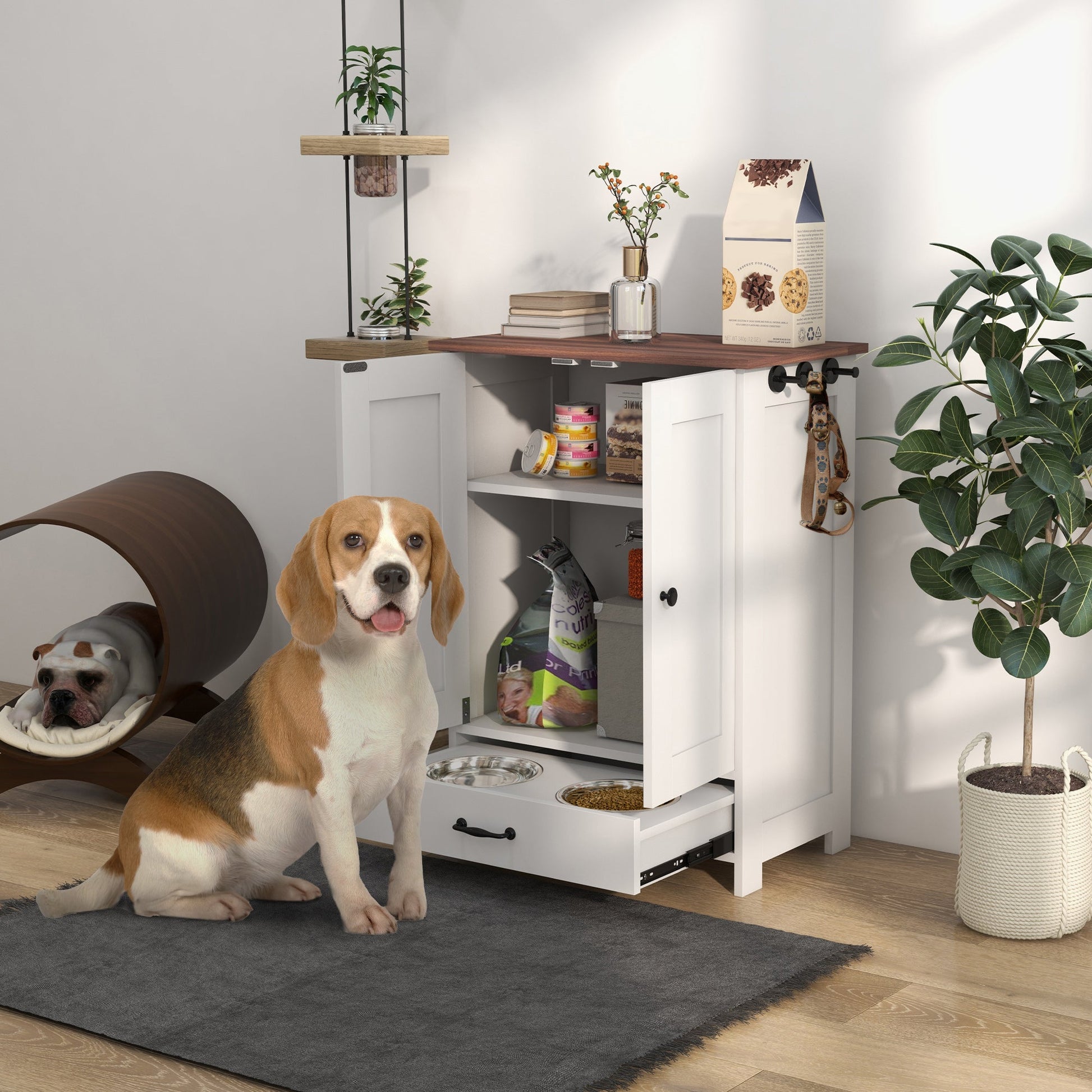 KFX-9384381 Elevated Pet Feeding Station with Hidden Bowls and Storage Cabinet for Medium-Sized Dogs