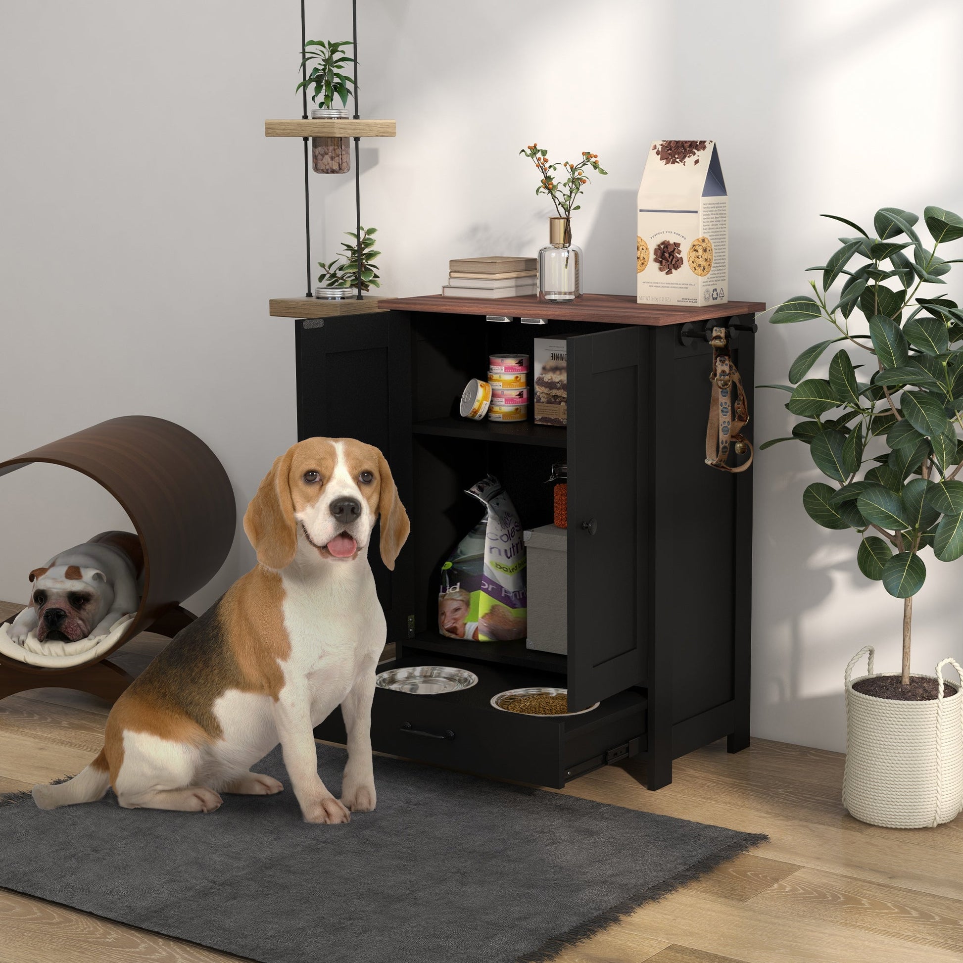 KFX-9384381 Elevated Pet Feeding Station with Hidden Bowls and Storage Cabinet for Medium-Sized Dogs