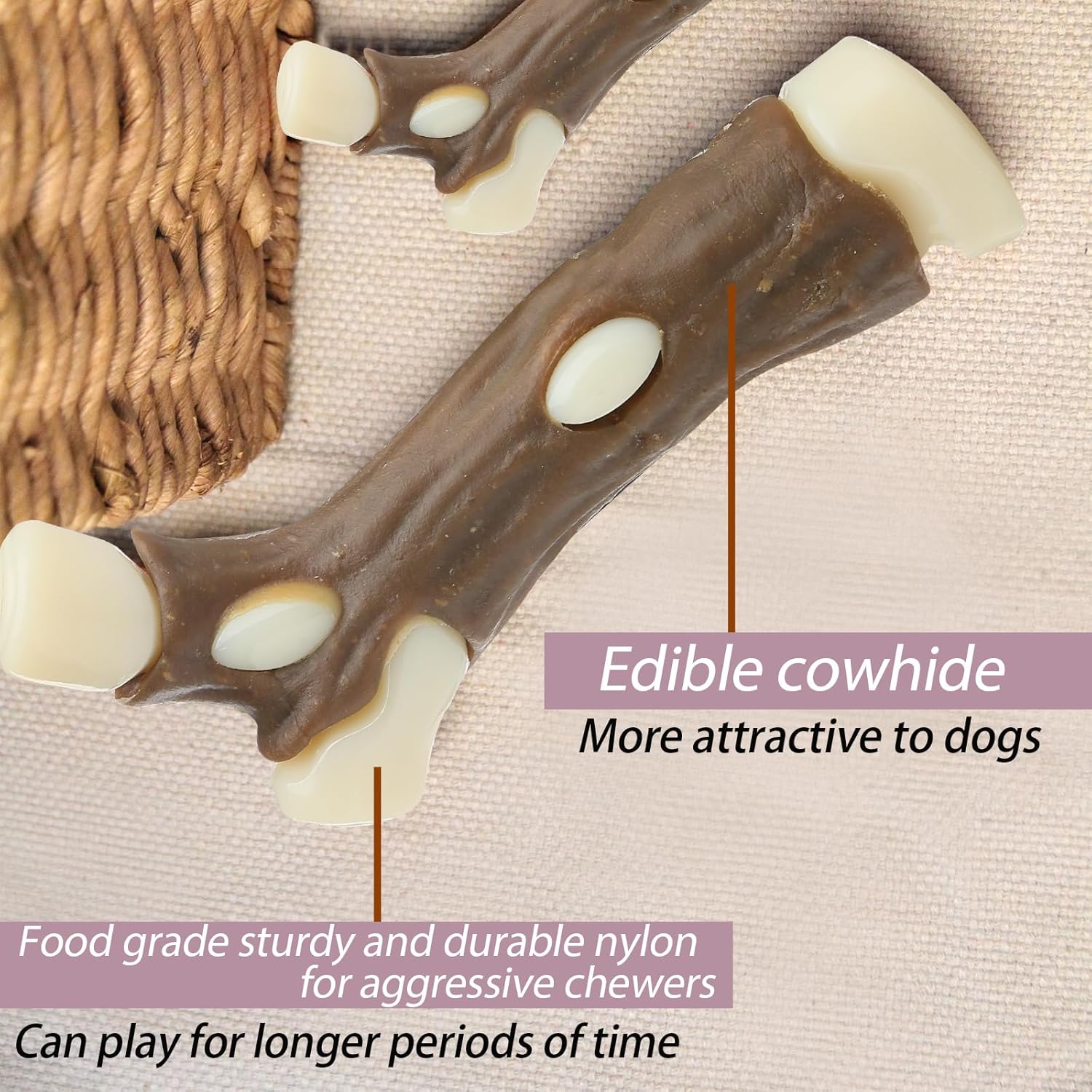 KFX-9385661 Indestructible Dog Chew Bone with Real Beef Flavor - Safe Nylon and Cowhide Teething Toy for All Dog Sizes