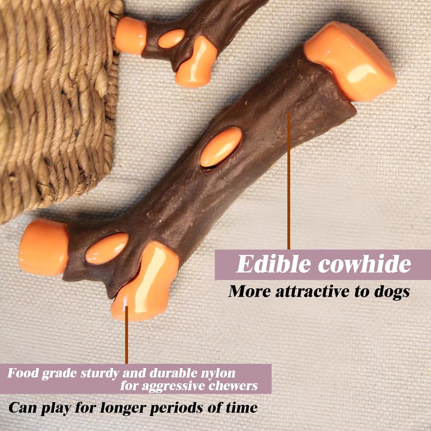 KFX-9385661 Indestructible Dog Chew Bone with Real Beef Flavor - Safe Nylon and Cowhide Teething Toy for All Dog Sizes