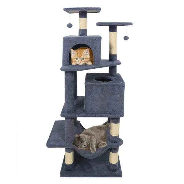 KFX-9387837 Multi-Level Cat Tree with 2 Condos and Hammock for Multi-Cat Households, Gray Finish with Sisal Scratching Posts
