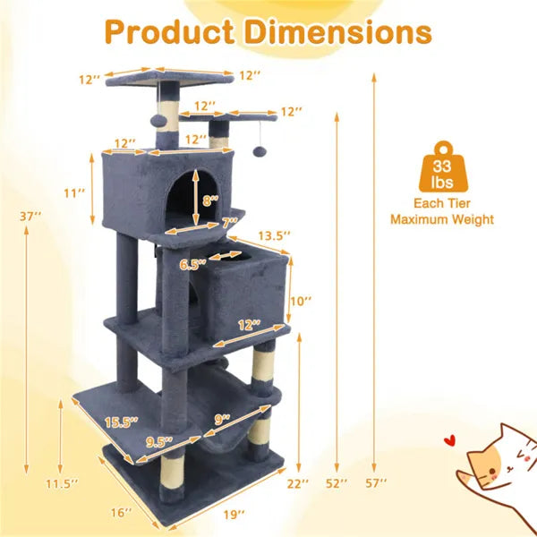 KFX-9387837 Multi-Level Cat Tree with 2 Condos and Hammock for Multi-Cat Households, Gray Finish with Sisal Scratching Posts
