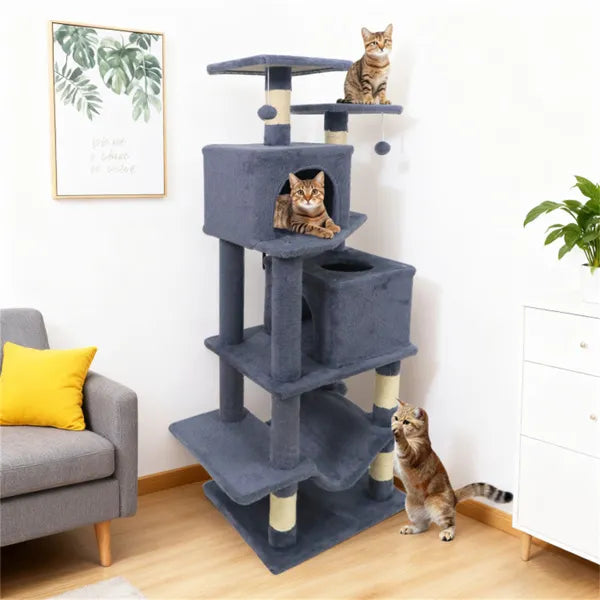 KFX-9387837 Multi-Level Cat Tree with 2 Condos and Hammock for Multi-Cat Households, Gray Finish with Sisal Scratching Posts