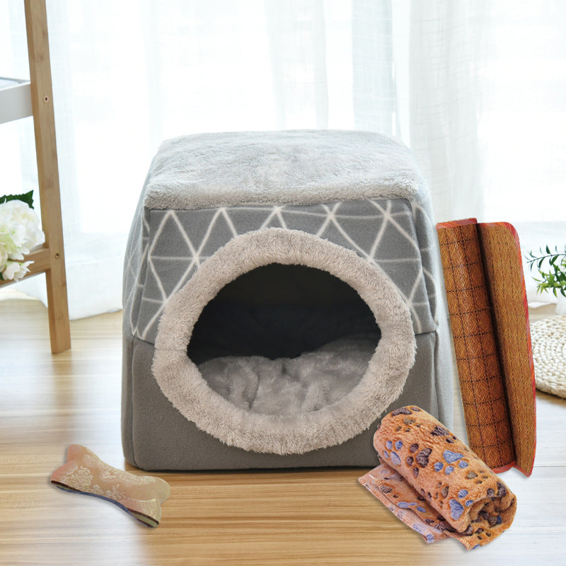 KFX-9397949 Four Seasons Space Capsule Cat House - Stylish Cloth Design with Sleeping Mat, Blanket, and Toy, Multiple Patterns Available