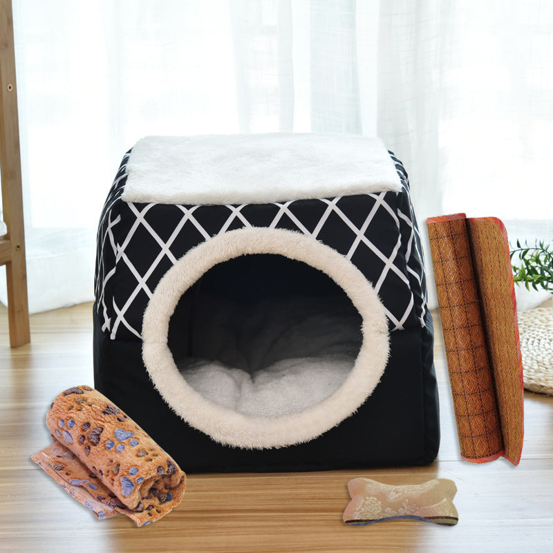 KFX-9397949 Four Seasons Space Capsule Cat House - Stylish Cloth Design with Sleeping Mat, Blanket, and Toy, Multiple Patterns Available