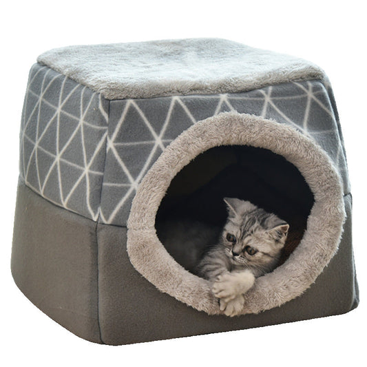 KFX-9397949 Four Seasons Space Capsule Cat House - Stylish Cloth Design with Sleeping Mat, Blanket, and Toy, Multiple Patterns Available