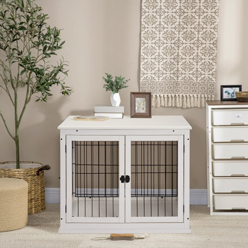 KFX-9403325 Small Indoor Dog Kennel End Table with Dual Access and Lockable Door in White
