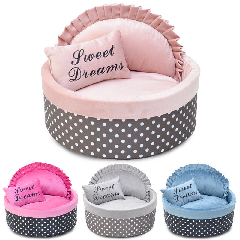 KFX-9403709 Polka Dot Sponge Round Pet Nest with Pillow - Available in Pink, Gray, Rose Red, and Lake Blue