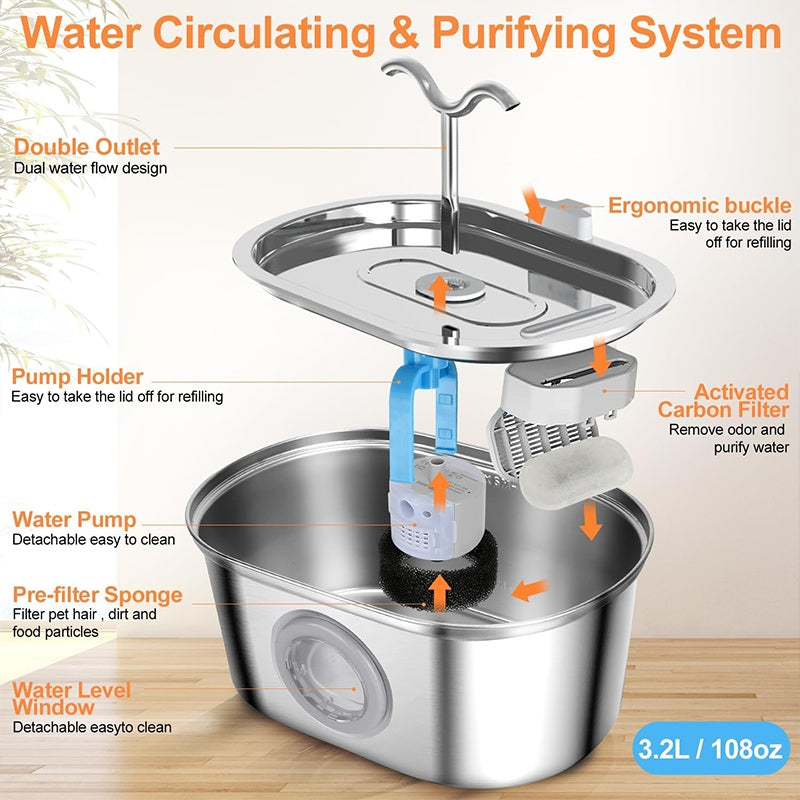 KFX-9405501 Stainless Steel 3.2L Automatic Pet Water Fountain with Dual Outlets and 4 Filters