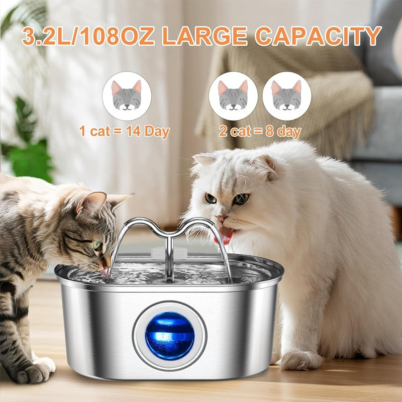 KFX-9405501 Stainless Steel 3.2L Automatic Pet Water Fountain with Dual Outlets and 4 Filters
