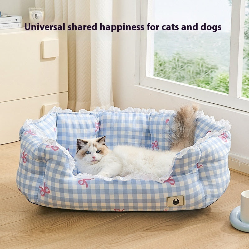 KFX-9406269 Semi-Enclosed Pet Bed for Small Dogs in Blue Plaid and Brown – All Seasons Available, Multiple Sizes