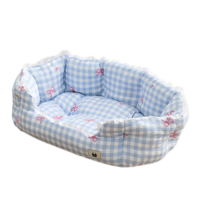 KFX-9406269 Semi-Enclosed Pet Bed for Small Dogs in Blue Plaid and Brown – All Seasons Available, Multiple Sizes