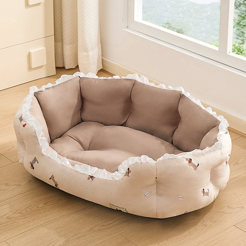 KFX-9406269 Semi-Enclosed Pet Bed for Small Dogs in Blue Plaid and Brown – All Seasons Available, Multiple Sizes