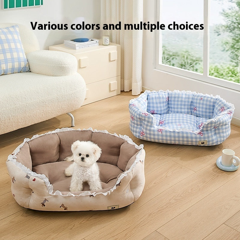KFX-9406269 Semi-Enclosed Pet Bed for Small Dogs in Blue Plaid and Brown – All Seasons Available, Multiple Sizes
