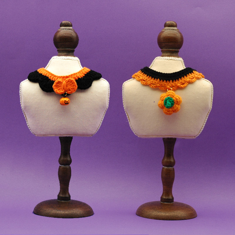 KFX-9407421 Hand Crocheted Adjustable Pet Collar for Halloween - Silent & Bell Pumpkin Designs