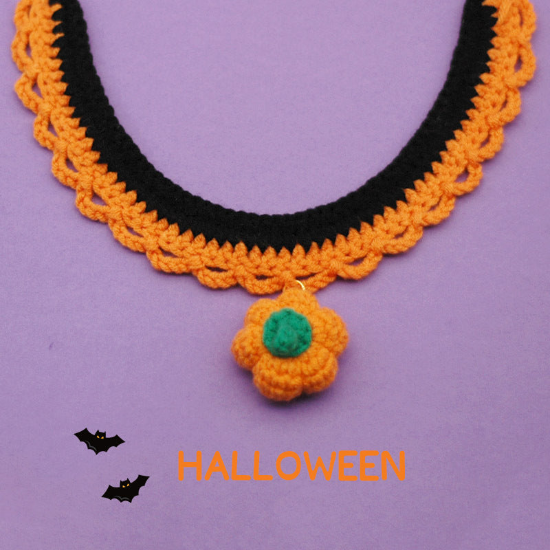 KFX-9407421 Hand Crocheted Adjustable Pet Collar for Halloween - Silent & Bell Pumpkin Designs