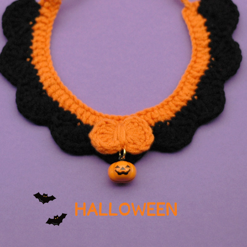 KFX-9407421 Hand Crocheted Adjustable Pet Collar for Halloween - Silent & Bell Pumpkin Designs