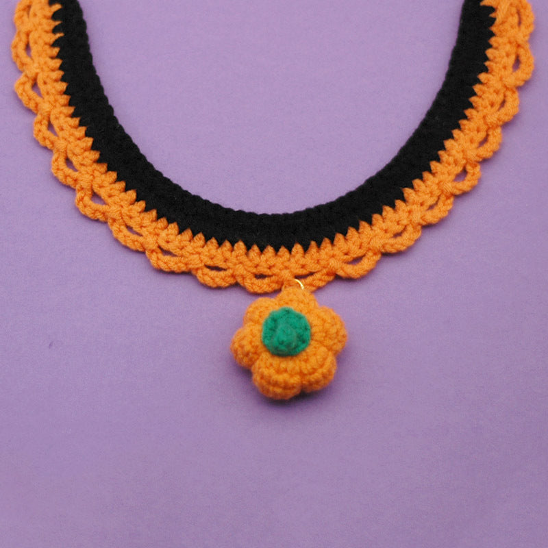 KFX-9407421 Hand Crocheted Adjustable Pet Collar for Halloween - Silent & Bell Pumpkin Designs