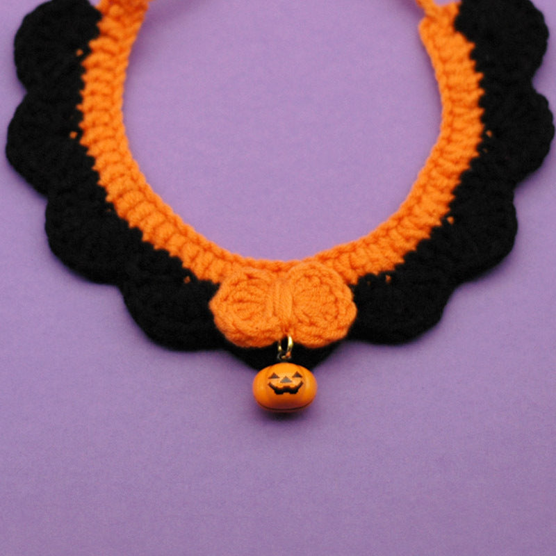 KFX-9407421 Hand Crocheted Adjustable Pet Collar for Halloween - Silent & Bell Pumpkin Designs