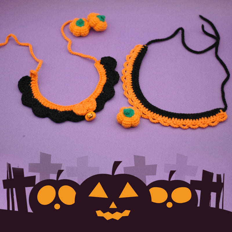 KFX-9407421 Hand Crocheted Adjustable Pet Collar for Halloween - Silent & Bell Pumpkin Designs