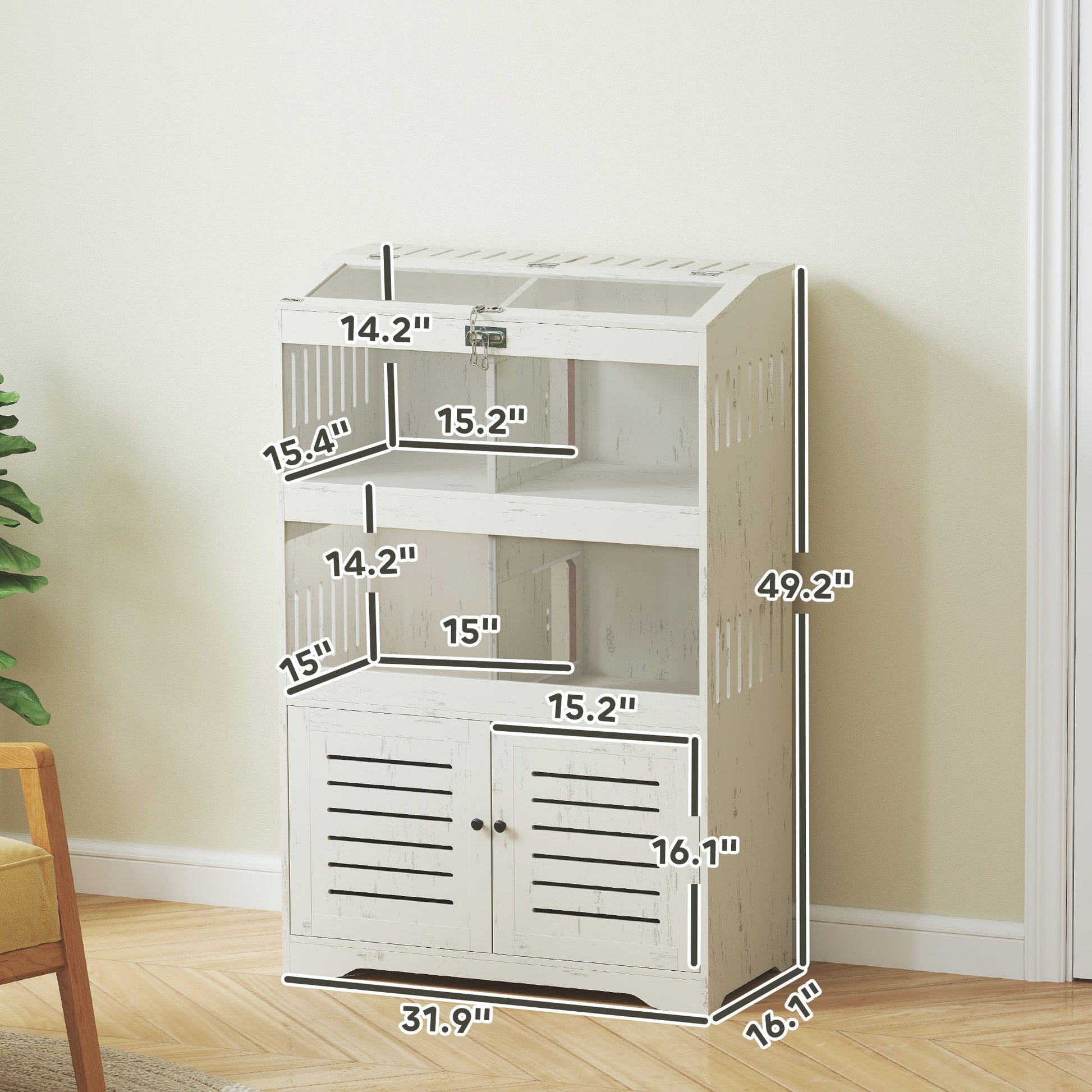 KFX-9409085 Spacious Multi-Level Hamster Cage with Storage Cabinet, Clear Panels, Cream White Finish
