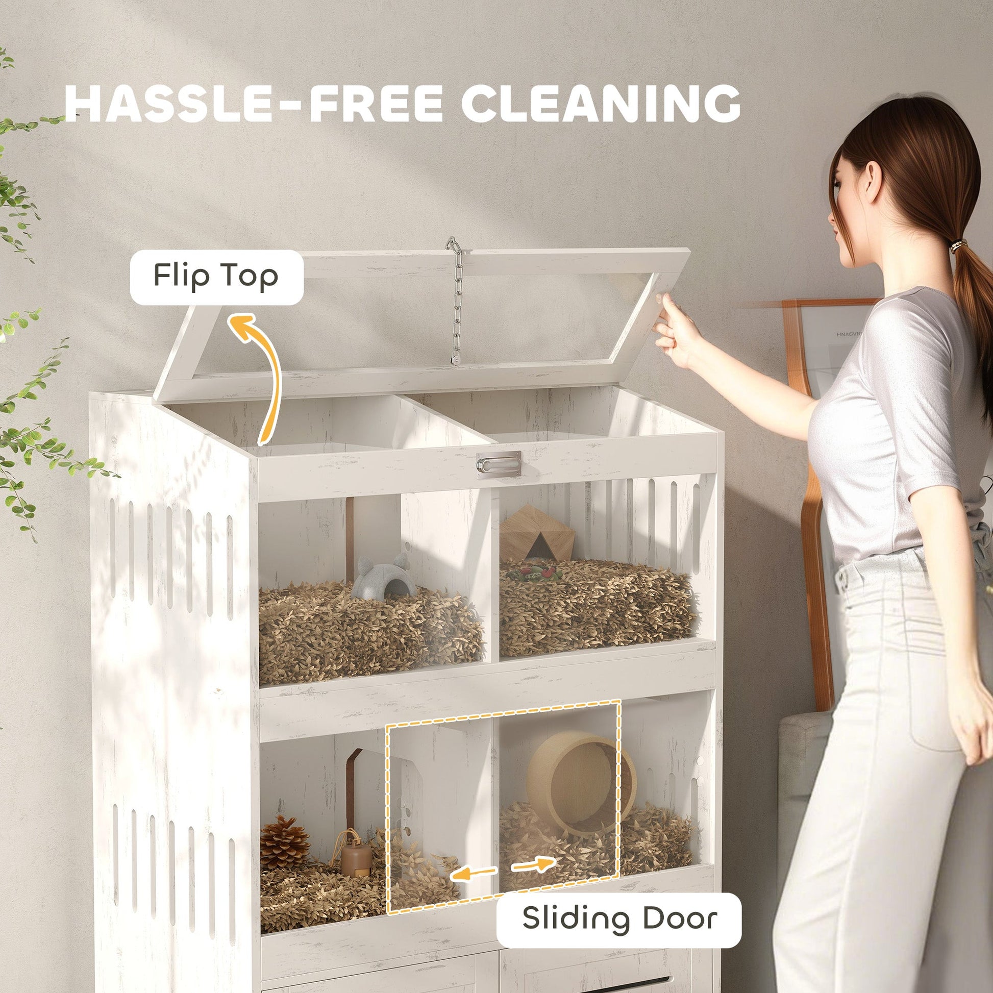 KFX-9409085 Spacious Multi-Level Hamster Cage with Storage Cabinet, Clear Panels, Cream White Finish
