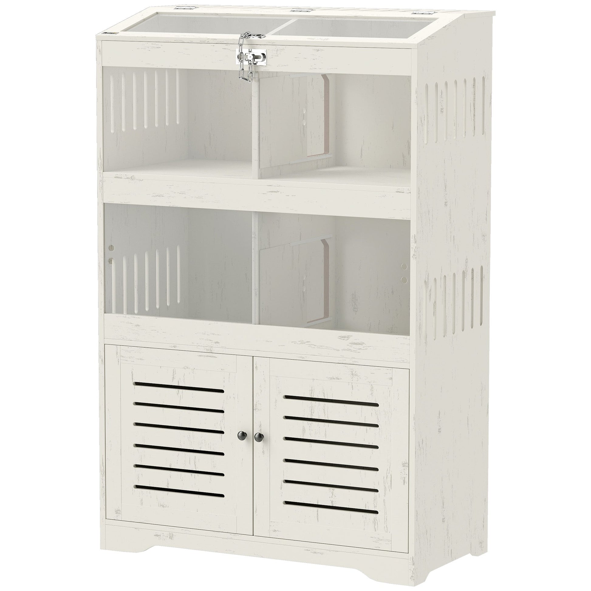 KFX-9409085 Spacious Multi-Level Hamster Cage with Storage Cabinet, Clear Panels, Cream White Finish
