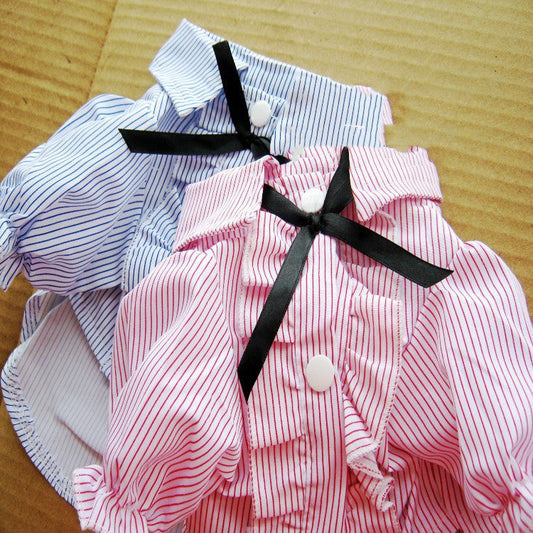KFX-9409597 Stylish Bubble Sleeve Bow Tie Pet Shirt for Dogs in Red and Blue Stripes