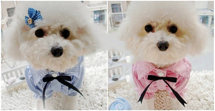 KFX-9409597 Stylish Bubble Sleeve Bow Tie Pet Shirt for Dogs in Red and Blue Stripes