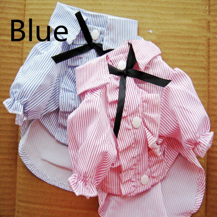 KFX-9409597 Stylish Bubble Sleeve Bow Tie Pet Shirt for Dogs in Red and Blue Stripes