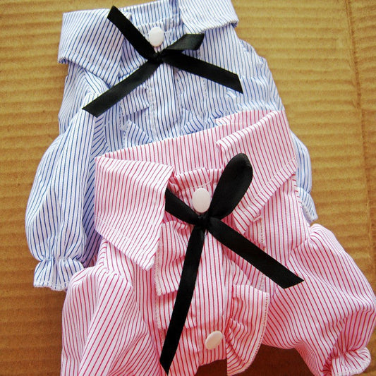 KFX-9409597 Stylish Bubble Sleeve Bow Tie Pet Shirt for Dogs in Red and Blue Stripes