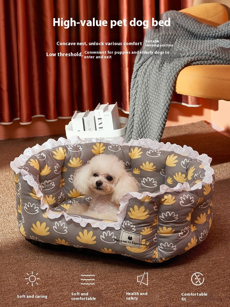 KFX-9415229 Warm Removable and Washable Dog Sofa in Gray Floral, Yellow Forest, and Cream Plaid Options