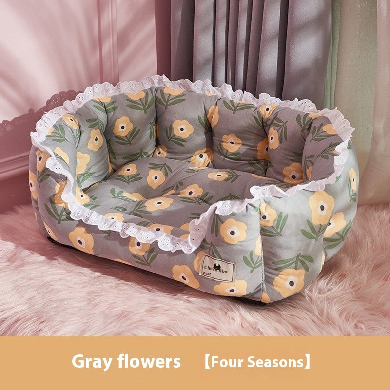 KFX-9415229 Warm Removable and Washable Dog Sofa in Gray Floral, Yellow Forest, and Cream Plaid Options