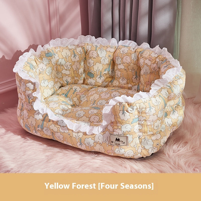 KFX-9415229 Warm Removable and Washable Dog Sofa in Gray Floral, Yellow Forest, and Cream Plaid Options