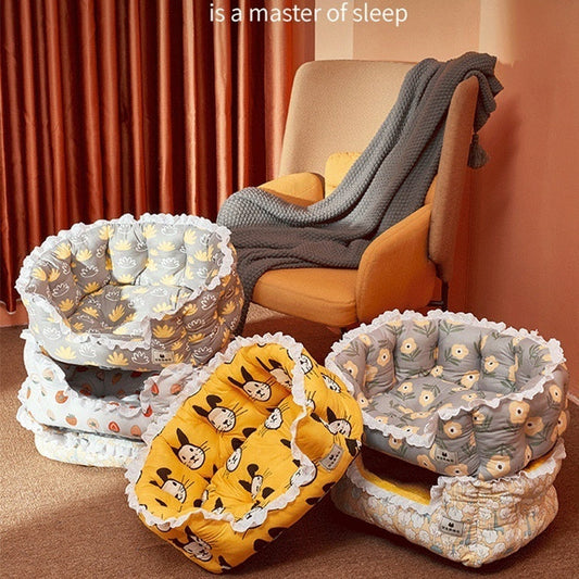 KFX-9415229 Warm Removable and Washable Dog Sofa in Gray Floral, Yellow Forest, and Cream Plaid Options